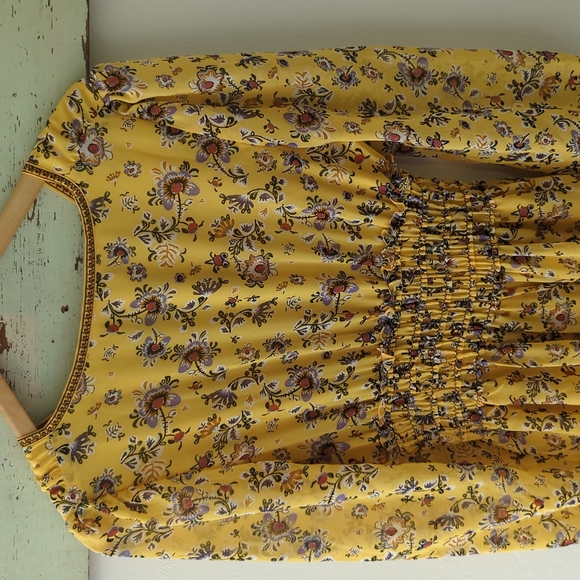 MAX STUDIO I V-Neck Long Sleeve Smocked Yellow Floral Flutter Mini Dress, S - Picture 12 of 13